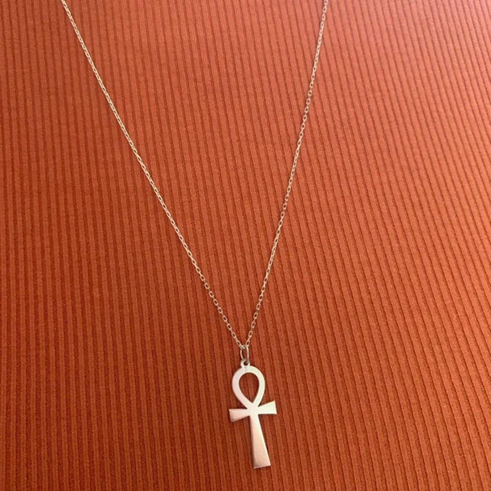 Stainless Steel Goddess Egyptian Ankh Necklace Cross Pendant Religious Clavicle Chain Statement Necklace Women Jewelry