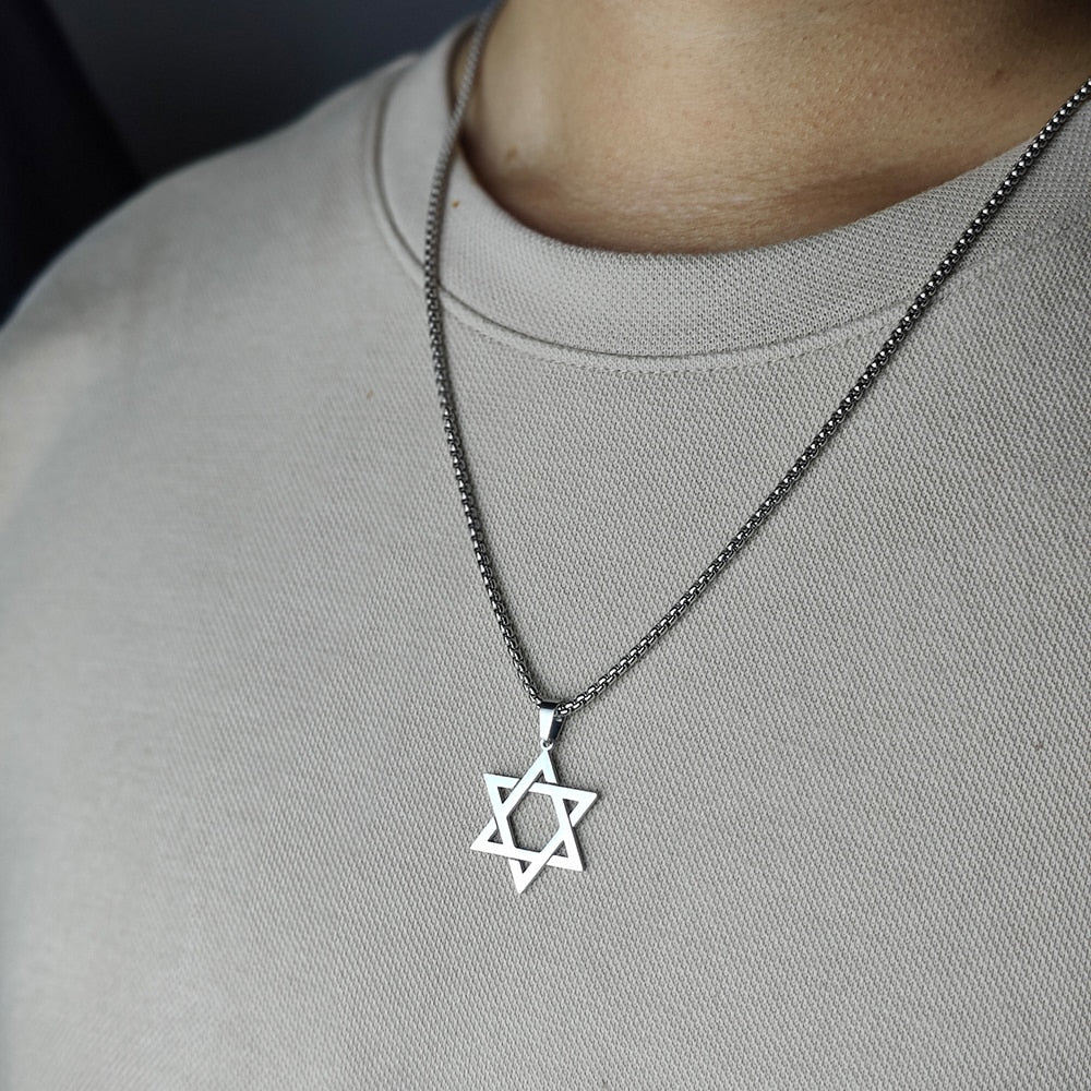 Classic Men's Star of David Pendant Necklace in Black Gold Silver Color Stainless Steel Israel Jewish Jewelry Free Chain 24 inch